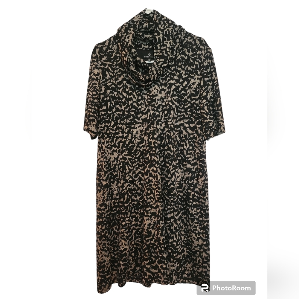 RONNI Nicole Black Tan Cowl Neck Short Sleeve Knit Pullover Dress SZ 12